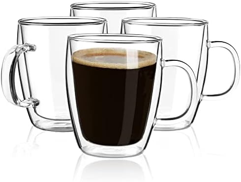 YUNCANG Double Wall Coffee Mugs, (4-Pcak) 16 Ounces-Clear Glass Cups with Handle,lnsulated,Cappuccino,Tea,Latte Cups,Beverage Glasses Heat Resistant by YUNCANG