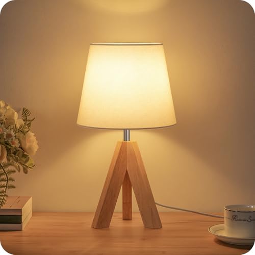 Small Tripod Table Lamp, Modern Nightstand Lamp with Fabric Shade, Boho Bedside Wood Desk Light for Bedroom, Kids Room, Living Room, Office, Study, White, W51TL05 by GOEBLESON
