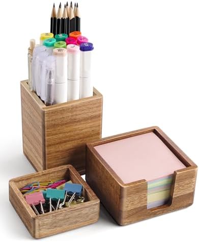 Acacia Wood Desk Organizer Set with Sticky Note Holder, Pencil Pen Cup & Paper Clip Storage, Office Desk Accessories for Marker Craft (Set of 3) by Unknown