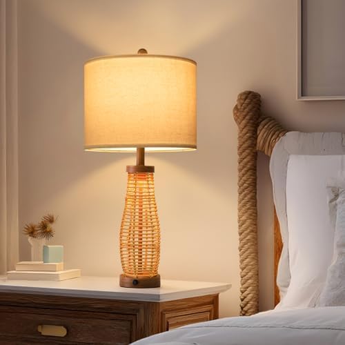OYEARS 28" Table Lamps Set of 2 with Dual Night Lights, Bedside Lamps for Bedroom, Boho Lamp for Living Room, Rattan Table Lamp with Linen Shade, Farmhouse Lamp with Wood Grain Finish (Bulb Included) - Image 4