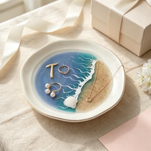 Ceramic Ring Dish, Ocean Resin Beach Wave Jewelry Tray, Gold Trim Small Jewelry Holder for Bathroom Sink, Nightstand, Trinket Dish for Rings Earrings (T) by Unknown