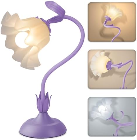 Women Bedside Table Lamps for Bedroom, Cute Flower Desk Lamp with Adjustable Flexible Gooseneck, 3 Color Temperatures Nightstand Lamp with E26 LED Bulbs, Floral Lamp for Living Room, Office,Reading by Larnix