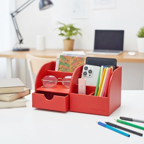 UnionBasic Desk Organizer - Multifunctional Leather Desktop Pen Holder Storage Box - Business Card/Pen/Pencil/Mobile Phone/Stationery Holder, Red - Image 7