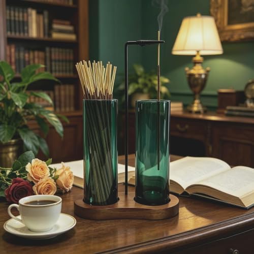Emerald Green Incense Holder, Incense Sticks Burner Holder with Storage,Hang Upside Down Incense Holder for Sticks with Glass Ash Catcher for Room Decor (Dark Emerald) - Image 5