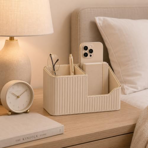 KINGFOM Luxury PU Leather Desk Organizer for Office Accessories, Aesthetic Pen Holder for Desk, Modern Desktop Storage Organizer for Women Home Office Supplies, Beige with Gold Trim - Image 7