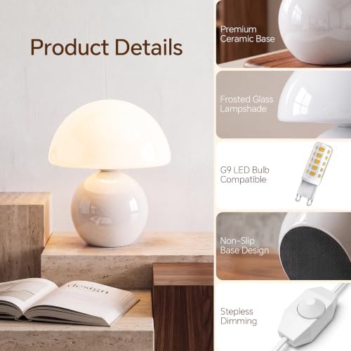 Dawnwake Mushroom Lamp Table Lamp for Bedroom-Small Desk Table Lamps,White - Image 6