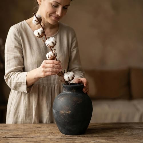 Rustic Terracotta Pot, Bronze Ceramic Flower Vase 6.1 Inch, Farmhouse Boho Centerpiece for Home Decor, Living Room, Table, Shelf, Mantel & Bathroom - Image 6