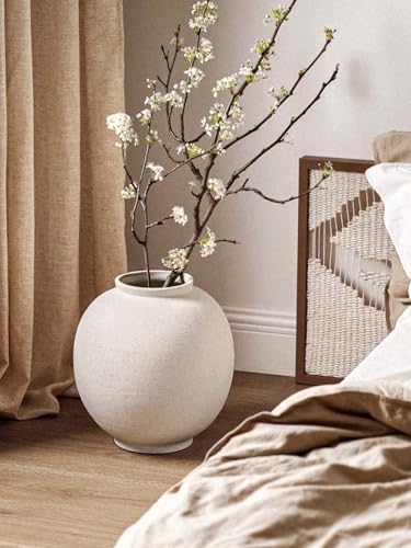 White Ceramic Vase - Large 13.5 Inch Round Floor Vase for Centerpieces, Farmhouse Flower Vases, Rustic Minimalist Home Decor (Sandstone White) - Image 2