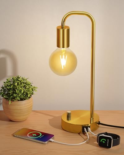 ONEWISH Industrial Table Lamp with 2 USB Port, Stepless Dimmable Nightstand Bedside Lamps for Bedroom,Desk Lamps with 2700K Gold Gradient Bulb for Reading Living Room by onewish