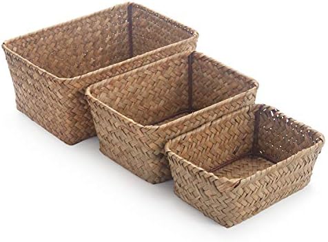 DOKOT Small Woven Wicker Open Storage, Rectangular Handmade Seagrass Baskets for Home, Bathroom Organization（Set of 3） by DOKOT