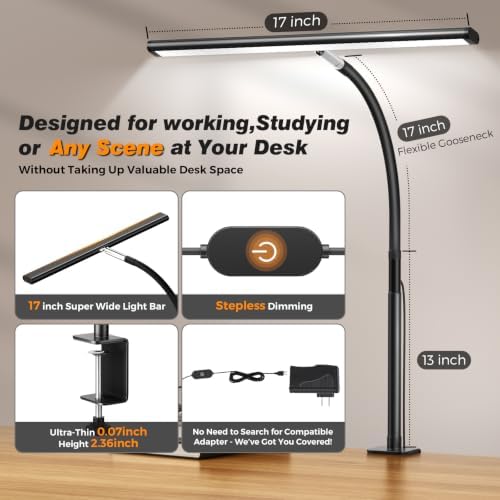 Airlonv LED Desk Lamp with Clamp, 17" Stepless Dimming Light, Black - Image 3