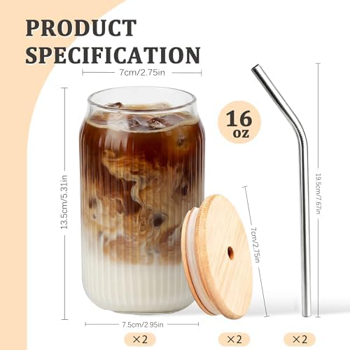 2 Packs Ribbed Glass Tumbler with Lid and Straw 16 oz Vintage Ice Coffee Cup Set Bulk Simple Smoothie Juice Matcha Tea Water Slushie Clear Hot Drink Glasses Travel Mug Modern Kitchen Glassware - Image 2