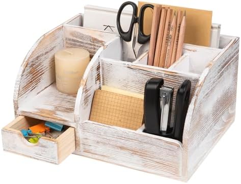 Office Desk Drawer Supply Organizer and Accessories, Wood Desk Organizer with 6 Compartments & 1 Drawer Binders Folder Papers Holder Pen Holder Office Desktop File Organizer (Washed white) by VERGOODR