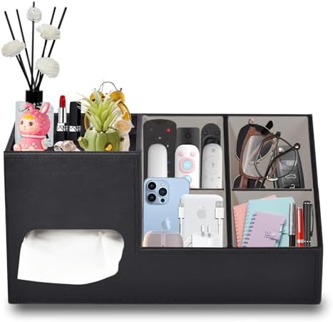 Plus Size Tissue Box Cover-Square Tissue Cover with Side Storage and Tray,Modern Makeup Organizer,PU Leather Tissue Holder Decorative Cube Organizer for Living Room Vanity NightStand Office,Black by XNONE