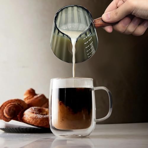 Joeyan 6 oz Grey Glass Measuring Cups with Spout,Borosilicate Glass Triple Pitcher with Scale,Origami Style Espresso Shot Glasses with Wood Handle for Coffee Milk,Dishwasher Safe - Image 3
