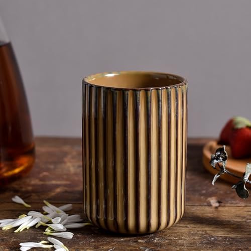 Vinitage Ceramic Mug, Japanese Tea Cup 10oz Striped Cup No Handle Drinking Cup for Latte Milk Water Beverage Juice Microwave and Dishwasher Safe, Kiln Transformation Cup (Brown) - Image 3