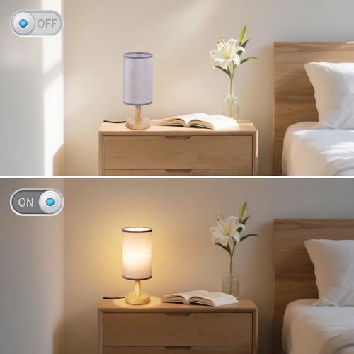 Gray Small Bedside Table Lamp for Bedroom,Natural Round Wood Base&Fabric Linen Shade,Cozy Night Table Light for Study Reading,Minimalist Boho Desk Lamp for Nightstand,Living Room,Nursery,Kitchen,Dorm - Image 6