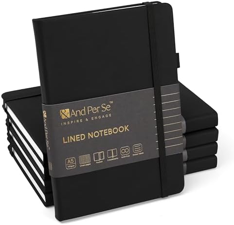 &And Per Se Lined Notebooks Bulk 5-Pack, A5 Hardcover Journal, 160 Pages 100gsm Thick Paper, Classroom Supplies for Students, Teachers, College Ruled Notebooks for School Office (Black) by AndPerSe