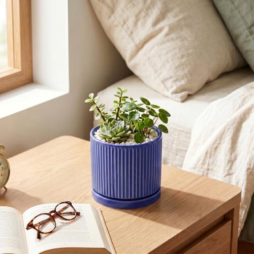 Ceramic Plant Pots 4 Inch, Round Planter with Saucer, Blue - Image 6