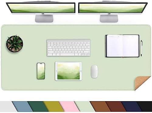 AFIING Leather Desk Pad Protector, Large Desk Mat with Natural Cork & PU Leather, Mouse Pad, Non-Slip, Waterproof Desk Writing Pad for Office and Home, Light Green by AFIING
