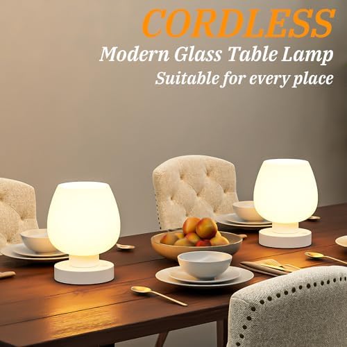 Seealle Cordless Touch Table Lamp for Nightstand - Small Bedside Lamp for Bedroom Night Stands, Desk Lamp with White Glass Shade for Small Spaces Living Room, Stepless Dimmable, LED Bulbs, Gifts - Image 4
