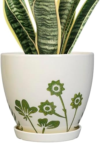 MPotTo 8.2 Inch Plant Pot - Ceramic Planter for Indoor Outdoor Flowers, Boho Round Decorative Indoor Flower Pot with Drainage Hole and Saucer, Gifts for Plant Lovers, Office Garden House Decor, White by MPotTo