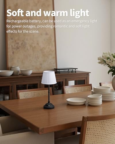 KDG Black Cordless Portable LED Table Lamp, White Fabric Shade Desk Lamp - Image 3