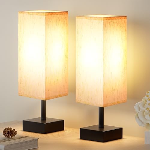aooshine Small Bedside Lamps Set of 2 - Cream Fabric Shade Bedroom Lamps by Aooshine