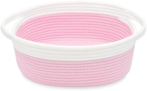 ABenkle Small Basket with Handles, Boho Decorative Rope Woven Dog Cat Toy Storage Bin Shelf Storage Organizer, Easter Christmas Gift Basket, 12"x8"x5", Pink by ABenkle