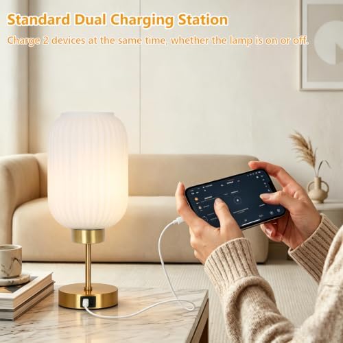 LAMSU Vintage Gold Table Lamp with Cream Glass Shade, Small Beside Lamp with Bulb, USB Ports, 3 Way Dimmable Nightstand Lamp, Mid Century Modern Desk Lamp for Bedroom Living Room, Home Decor - Image 6