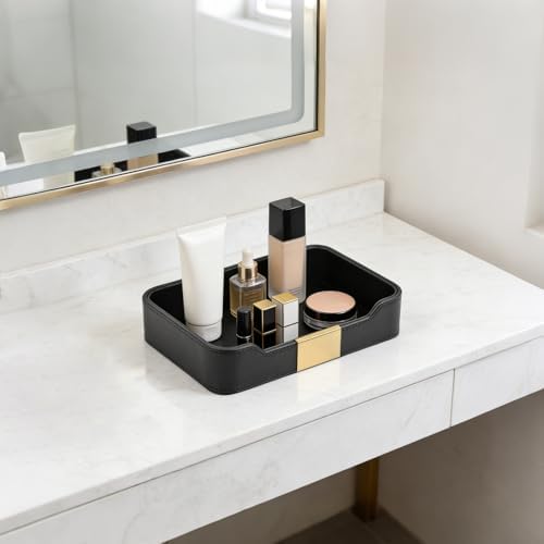 Luxury Leather Valet Tray Desktop Storage Organizer,Bedside Vanity Catchall Tray Nightstand Caddy Holder for Cosmetic,Jewelry,Watch,Keys,Phone,Wallet,Remote Controller,Pen,Black - Image 4