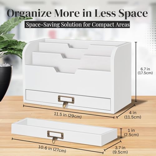 Flexzion Wood Desk Organizer, 3-Tier Mail Organizer with Drawer, Beige Wood - Image 6