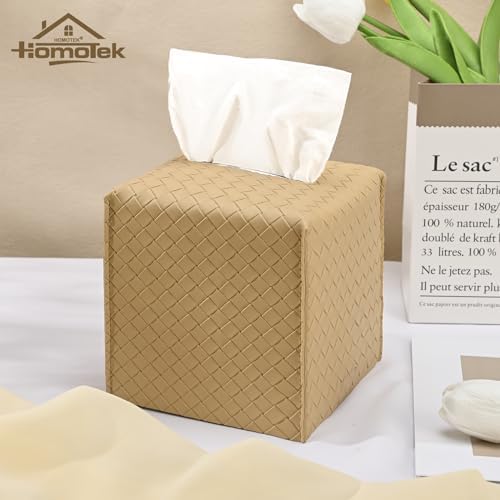 HOMOTEK 1 Pack Tissue Box Cover, Square PU Leather Tissue Holder, Decorative Facial Tissue Cube Paper Organizer Dispenser for Bathroom, Night Stands, Desk, Car 5X5X5'' - Woven Waffle,Camel - Image 3