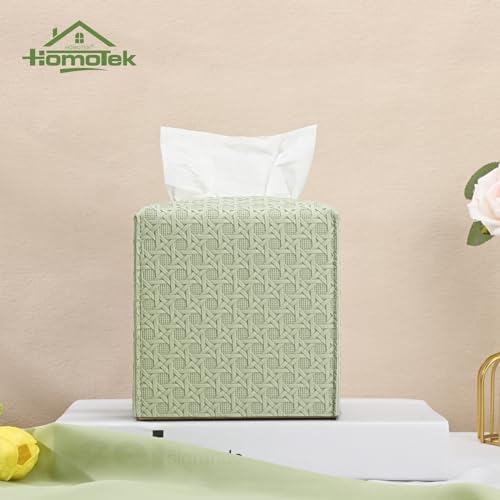 HOMOTEK 2 Pack Tissue Box Cover, Square PU Leather Tissue Holder, Decorative Facial Tissue Cube Paper Organizer Dispenser for Bathroom, Night Stands, Desk, Car 5X5X5'' - Rattan Weave,Mint Green - Image 6