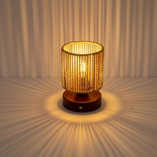 Cordless Rattan Table Lamp, 5000mAh Rechargeable Battery Operated Bedside Lamp with Edison Bulb, Stepless Dimmable Boho Cylinder Desk Light for Bedroom Living Room by DKCONONY