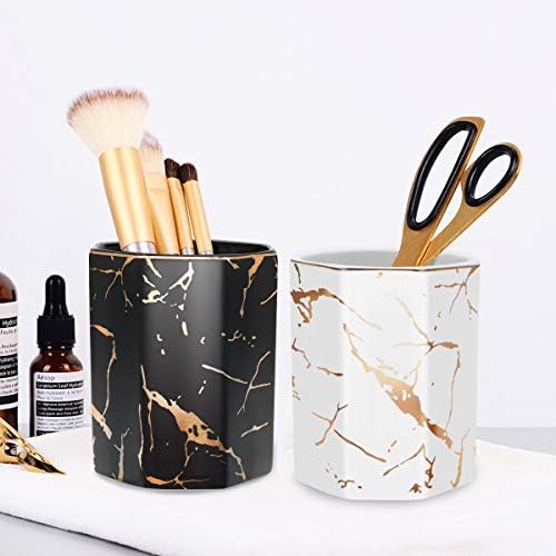 Gold Pencil Holder, Decorative Pens Holder for Desk, Makeup Brushes Organizer for Table, Cute Ceramic Desktop Accessories Pencils Crayons Cup Sturdy, Black (Upgrade Larger Capacity) - Image 4