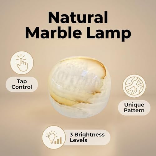 Natural Marble Lamp Cordless Touch Control Night Light 3-Way Dimmable Pat Light LED Ambient Glow Lamp Type-C Rechargeable Portable Stone Bedside Desk Lamp Zen Home Decor(3.94x3.94x3.15in) - Image 2