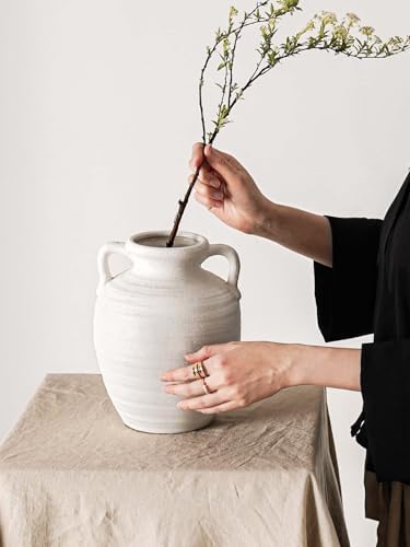 White Ceramic Vase with Handles, 9.5Inch, Farmhouse Rustic, Sandstone White - Image 4