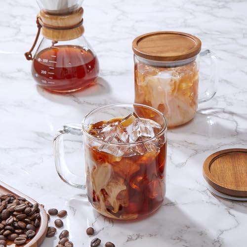 DRASTAR Glass Coffee Mugs,Clear Coffee Cups, Coffee Mug with Acacia Wood Lid, Tea Glass Cups with Handles, Large Coffee Mug Set of 2, Glass Coffee Cups for Latte, Espresso, Tea (2, 16 oz) - Image 4
