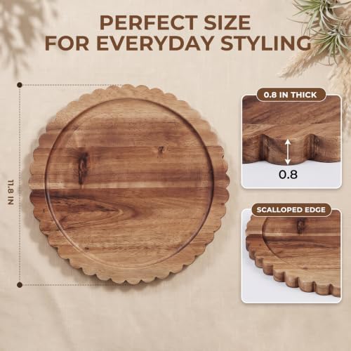 Solid Acacia Wood Decorative Tray, 12 Inch Round Scalloped Wood Tray Wooden Coffee Table Tray - Image 3