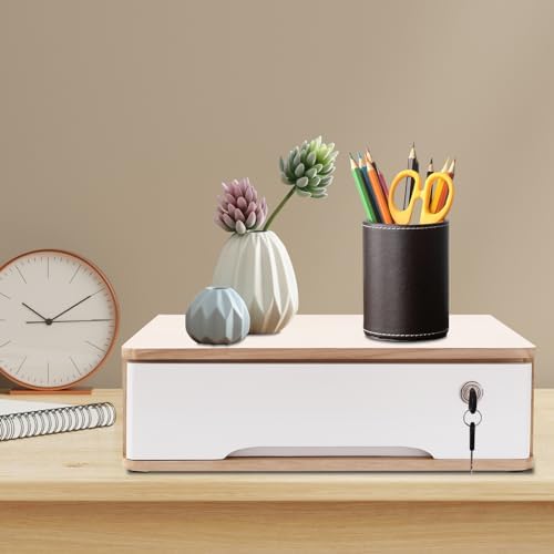 1-Tier Desktop Storage Box with Lockable Drawer, Wooden Desk Organizer for Office Supplies, Flat File Cabinet, Minimalist Design for Home & Office Use(Original Wood+White) - Image 2