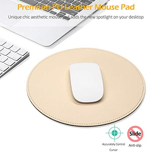 ProElife Cute Round Mouse Pad Mat Waterproof PU Leather 8.66-Inch Mousepad with Anti-Skid Base Stitched Edge for Home Office Gaming Computer Laptop Accessories (Apricot) - Image 3