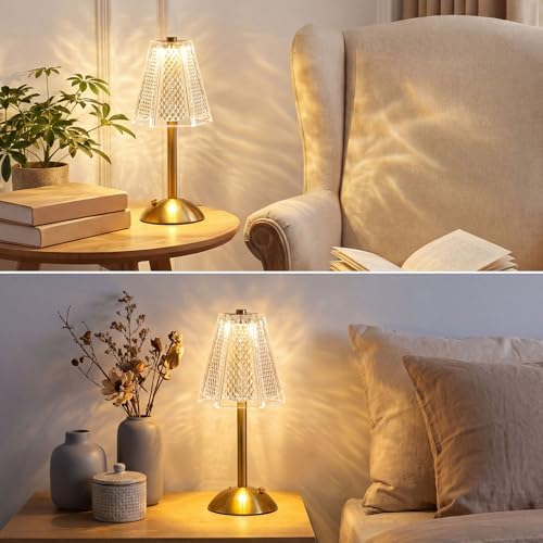 Liliful 2 Pcs Cordless Table Lamp LED Touch, Gold, Hexagonal Diamond Style - Image 6