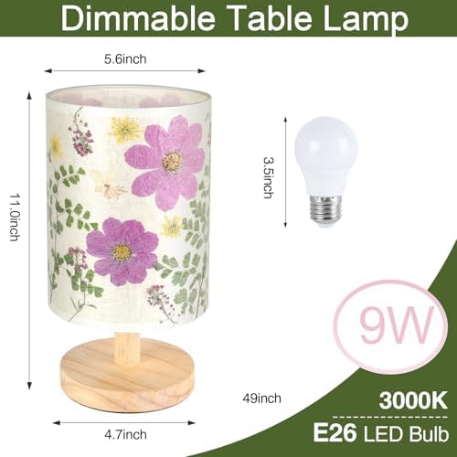 Dried Flowers Small Table Lamp 9W LED Dimmable Warm Light Pressed Flower Bedside Lamp Linen Shade with Wood Base for Bedroom Living Room Desk Nursery - Image 4