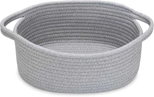 Woven Cotton Rope Storage Basket with Handle, Round Home Storage Basket for Home Organization and Gift Organizer, Home Organizer, Bedroom, Living Room, 12 x 8 x 5 Inch (Grey) by Unknown