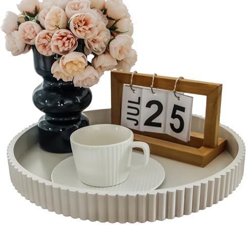 Round Decorative Tray for Coffee Table Decor, 11.8in Cream White Decorative Serving Tray for Kitchen Counter,bandejas decorativas, Wooden Serving Tray for Party by Unknown