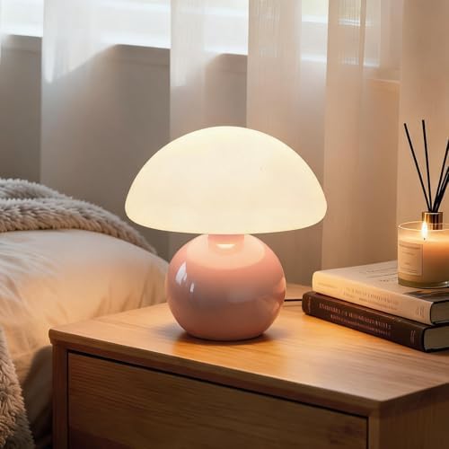Cute Mushroom Table Lamp, Mid Century Modern Decor, Cozy Oasis Lighting, Unique Bedside Nightstand Lamp for Bedroom Living Room Office, Ideal for Home Decor Lovers, Kids & Adults(Pink) by O-FarFarm