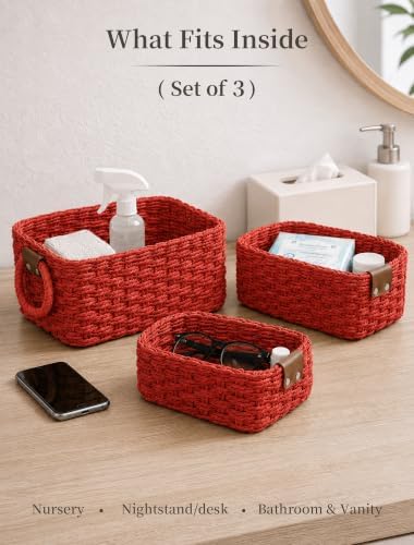 Small Wicker Baskets, 3 PCS Paper Rope Baskets for Shelves, Red - Image 3