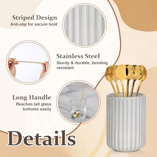 6 Pcs 6.7 Inches Gold Coffee Spoons with Stoneware Striped Utensil Holder Tea Spoons Long Handle Coffee Stirrer Spoon Set for Coffee Bar Tea Party - Image 3