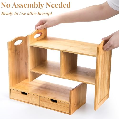 Eorbow Bamboo Desktop Bookshelf, Expandable Counter Bookcase, Storage Shelves Rack Organizer with Anti-Slip Pads, Cute Small Desk Display Cubby Top for Office Supplies, No Assembly Needed - Image 4